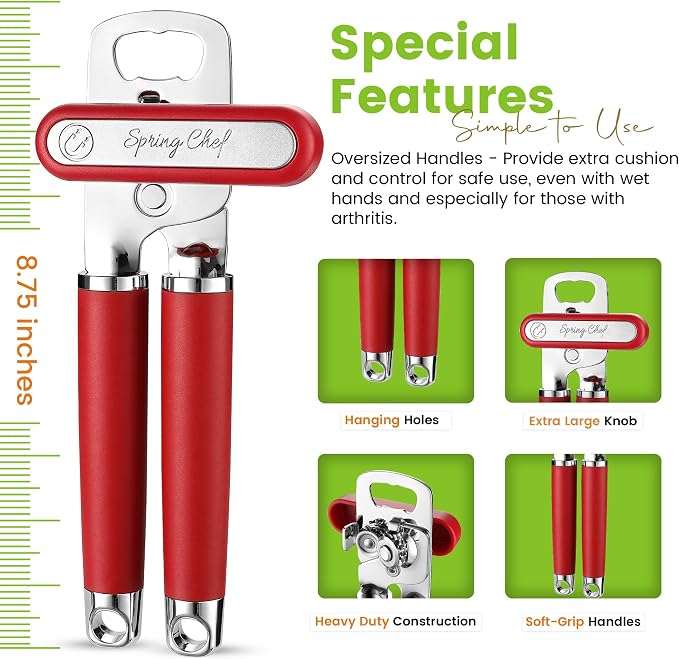 Spring Chef Stainless Steel Manual Can Opener with Soft Grip Handles, Red | Heavy Duty Hand Can Opener for Seniors with Smooth Edge, Easy Turn, 3in1 Can Opener with Magnetic Lid Remover & Bottle Opener