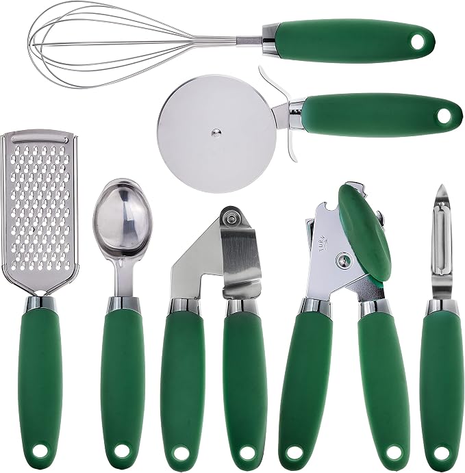 COOK WITH COLOR Kitchen Gadget Set Stainless Steel Utensils with Soft Touch Handles, 7 Pieces, Stainless Steel Green