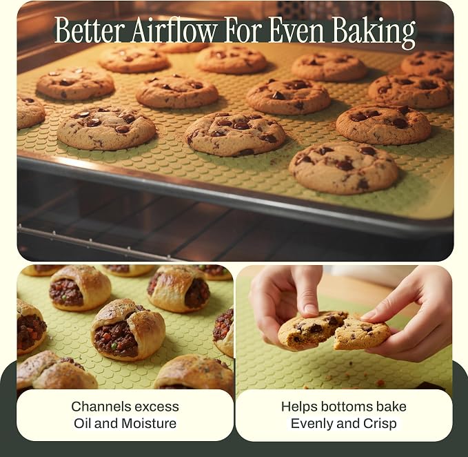 PureCraft Silicone Baking Mat, Double-Sided Non Stick Mat with Textured Airflow Surface, LFGB Certified Silicone, 17.5" x 12.5" Cookie Sheet Liner with embedded measurement markings, easy to store