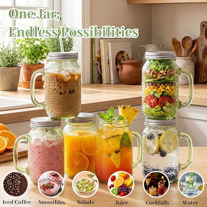 DaYammi 6 Pack 24oz Hobnail Mason Jars Cups Drinking Glass Cups with Lids & Straws, Green Wide Mouth Mason Jars Cups with Handle, Tumblers for Coffee Smoothies, Iced Tea, Juice, Beer, Cocktail