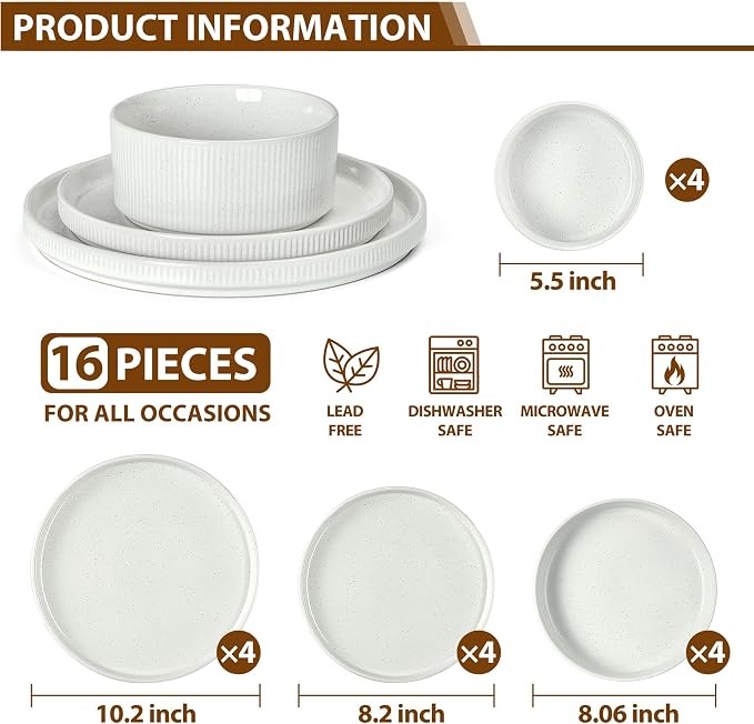 LIANYU 16 PCS Ribbed Dinnerware Sets with Pasta Bowls for 4, Speckled White | Stoneware Plates and Bowls Set, Dishware for Home Kitchen, Microwave and Dishwasher Safe