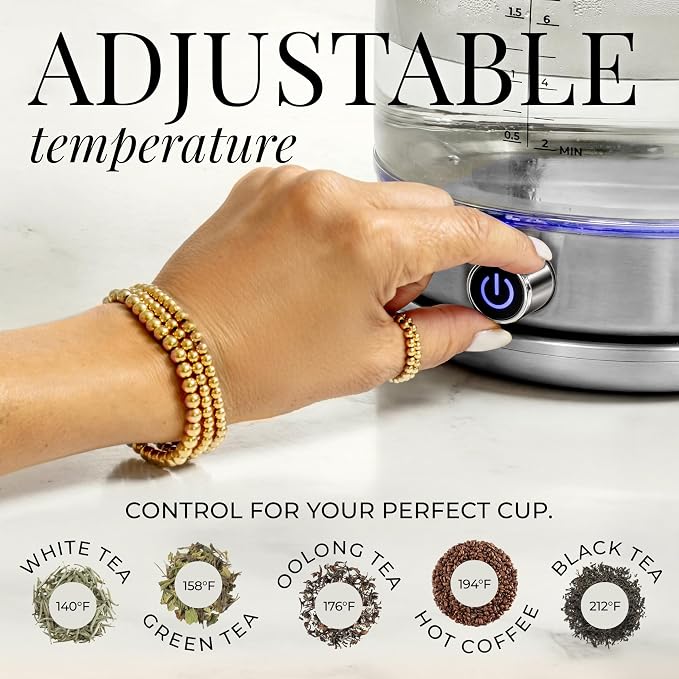 Styled Settings Glass Electric Kettle with Temperature Control, Silver | BPA and Plastic Free Electric Kettle with Keep Warm Function, Borosilicate Glass - Fast 1500W Hot Water Boiler, Auto Shut-Off