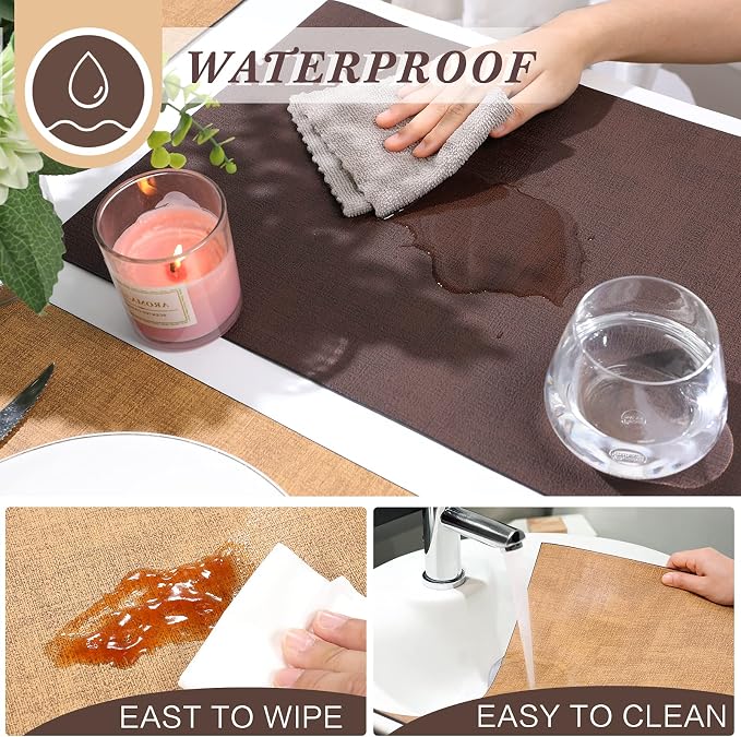 Leather Placemats Table Mats Set of 6, Brown and Tan | Reversible Non-Slip Table Placemats, Heat-Resistant and Waterproof for Dining Kitchen and Holiday Parties