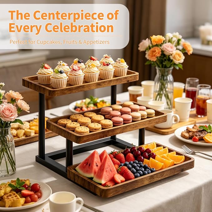 3 Tier Serving Tray for Party, Wood Cupcake Stand with Sturdy Metal Frame | 15.7" Reusable Serving Trays for Party, Tiered Tray Stand Rustic Farmhouse Decor For Fruit, Snacks, Candy & Pastries