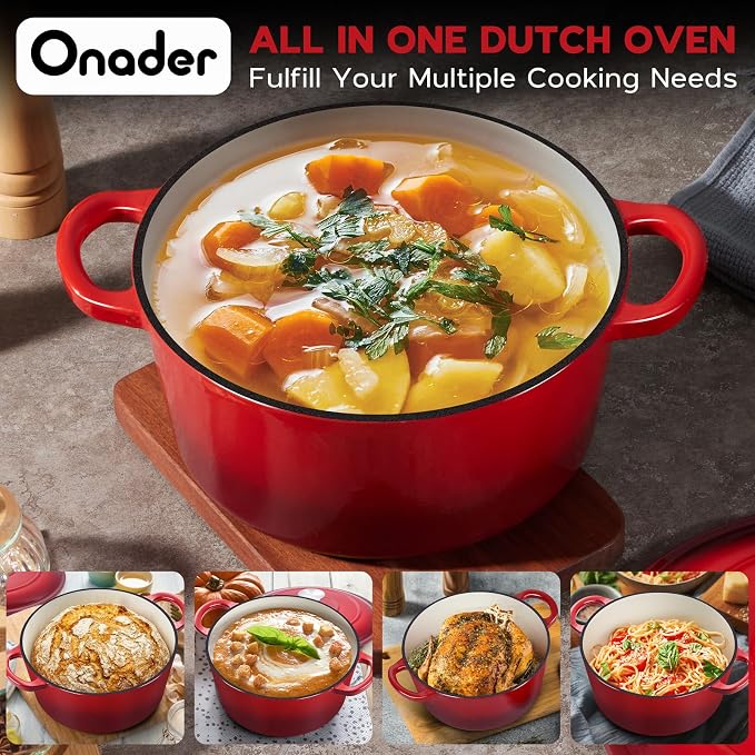 Onader 7QT Enameled Cast Iron Dutch Oven with Lid for Bread Baking, Round Dutch Oven Pot, Heavy Duty - Red