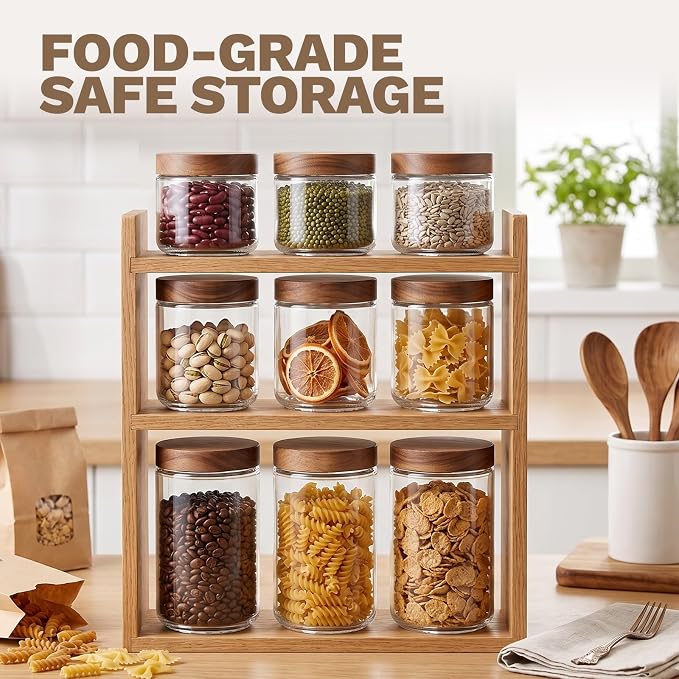 Bumobum 24 oz Glass Jars with Acacia Lids, Food Storage Containers, 4 Pack | Acacia Wood Lids, Airtight Seal, Food Containers for Coffee, Sugar, Loose Tea, Spice, Cereal, Snack, Pantry Storage