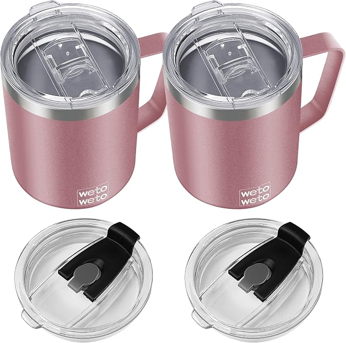 WETOWETO 14 oz Coffee Mug, Vacuum Insulated Camping Mug with Lid, Double Wall Stainless Steel Travel Tumbler Cup, Coffee Mugs Outdoor, Powder Coated Rose Gold Set of 2