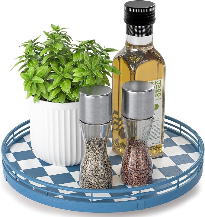 Blue and White Checkerboard Lazy Susan with Rubberwood Base and Metal Rail | Smooth rotating oak tray with walnut finish for dining tables, kitchen counters, pantries and cabinet storage.
