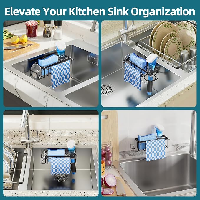 TAILI 4-in-1 Sink Caddy for Kitchen Sink with Strong Suction Cup-Black | Removable Sponge Holder for Kitchen Sink Organizer, Rustproof 304 Stainless Steel Holder for Sponge, Brush, Scrubber, Scraper