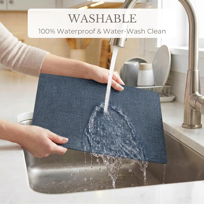 Romanstile Vinyl Placemats Set of 8-12 X 17 Inch - Faux Leather 100% Waterproof Wipeable Anti Slip Place Mats, Heat Resistant Reversible PU Table Mats for Kitchen Dining Party Outdoor, Navy Blue