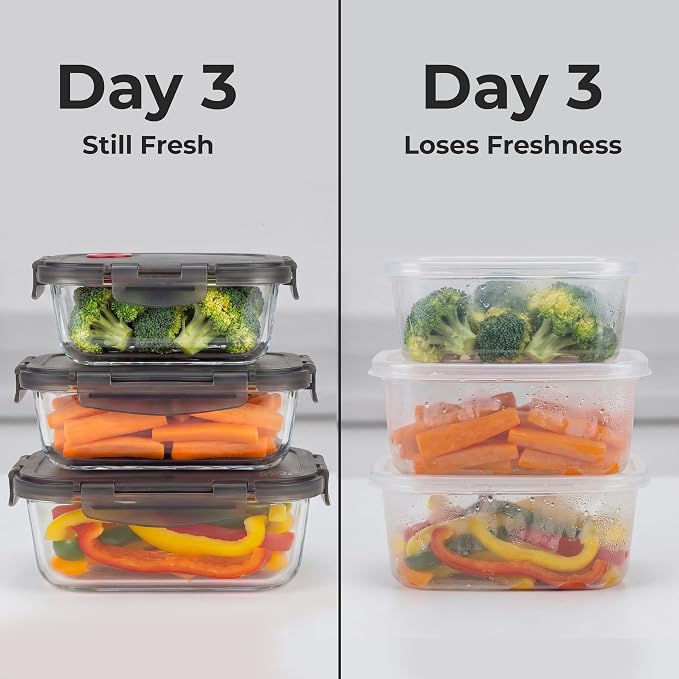 Borosilicate Glass Airtight Food Storage Containers with Vented Lids, Assorted Set of 8 (4 Rectangular & 4 Square)