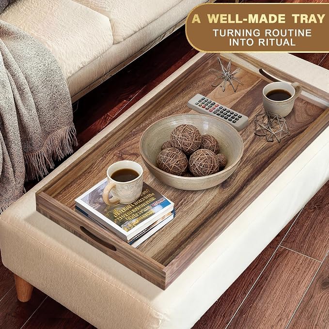 Extra Large Ottoman Tray, 40 x 20 inches Acacia Wood Serving Tray | Rectangle Wooden Decorative Tray with Handles, Oversized Coffee Table Tray, Serving Platter Tray for Living Room, Breakfast