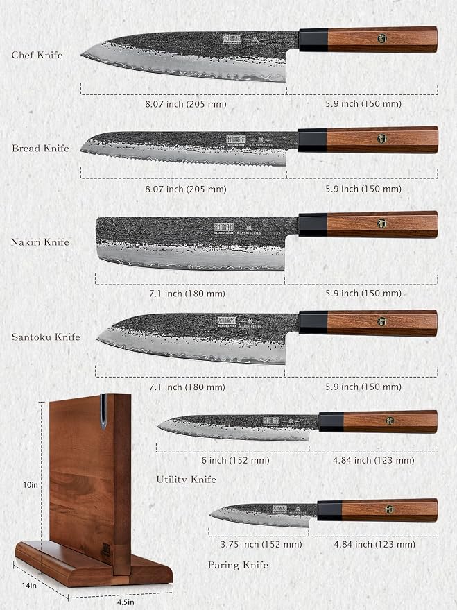 HOSHANHO 7 Pcs Knife Set with Magnetic Knife Block, Ultra Sharp Knife Set | Hand Forged 9 Layers 10CR15MOV High Carbon Steel Kitchen Knife Set, Japanese Chef Knife Set with Ergonomic Rosewood Handle