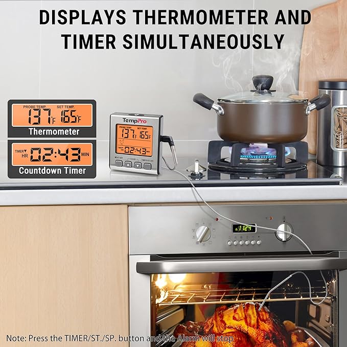 TempPro TempTrack Digital Meat Thermometer for Cooking and Grilling | BBQ Food Thermometer with Backlight and Kitchen Timer, Grill Temperature Probe Thermometer for Smoker, Oven, Baking, Oil