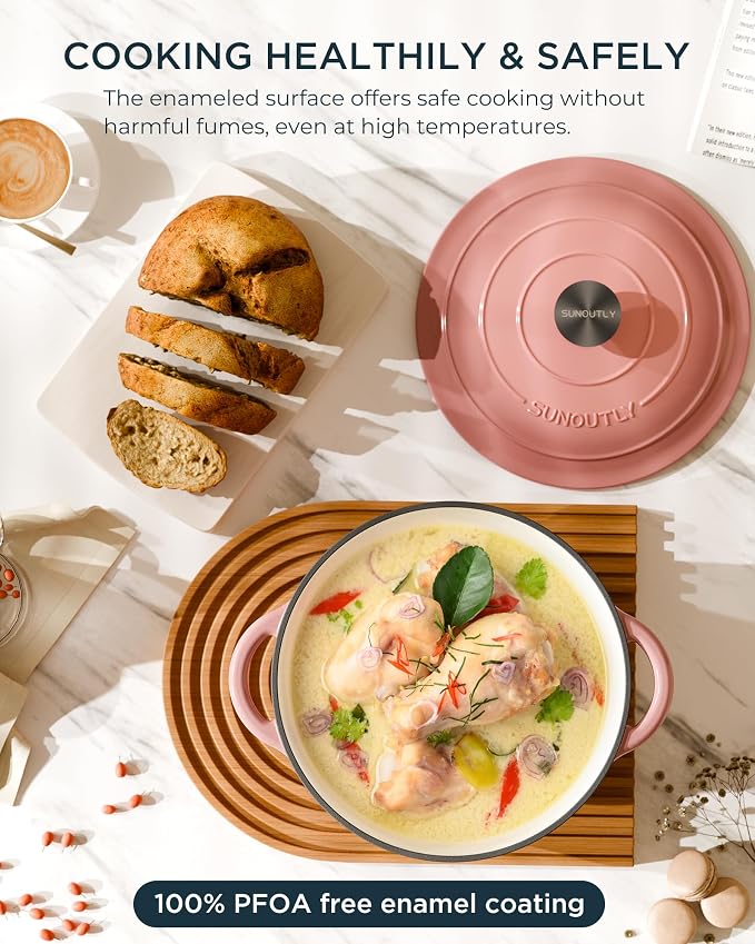 Enameled Cast Iron Dutch Oven - 7.5QT Dutch Oven Pot with Lid & Cotton Potholders - Heavy-Duty Non Stick Casserole Pot for Braising, Stews, Roasting, Baking, Suitable for All Stovetops, Gentle Pink