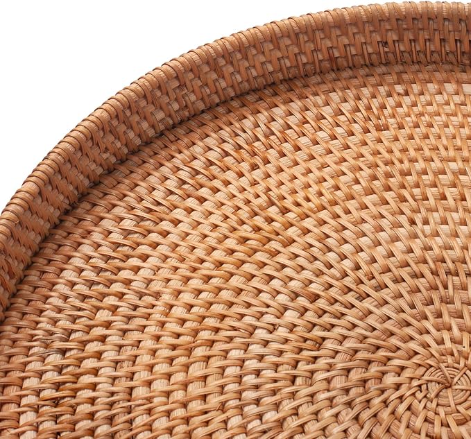 Rattan Large Serving Tray, Wicker Round Fruit/Bread Serving Basket, Extra Large Decorative Ottoman Tray for Living Room, Coffee Table, Breakfast, 16.9 inch