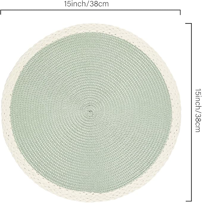 Round Placemats Set of 6, Woven Table Mats, Mint Green | Braided Paper Edge, 15 Inch Diameter, Fits Dinner Plate and Flatware, Wipeable, Heat Resistant, Indoor Dining, Outdoor Patio