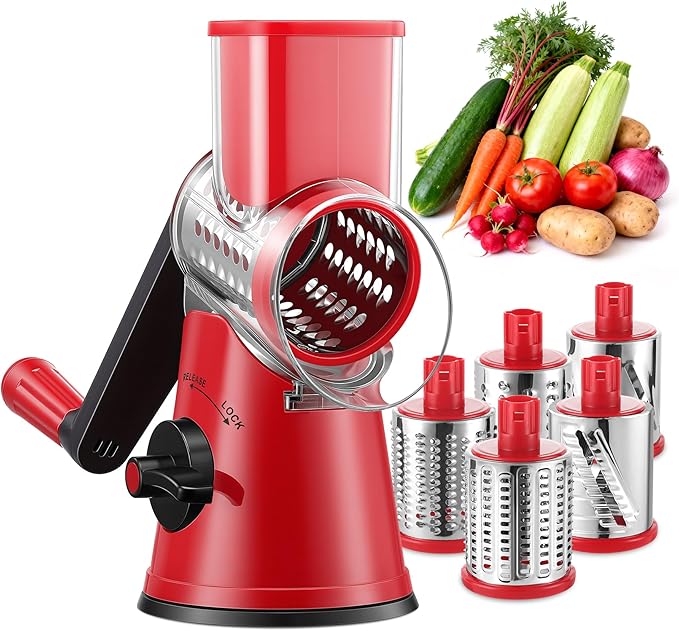 GDL Upgraded 5 in 1 Rotary Cheese Grater, Cheese Shredder Vegetable Slicer | 5 Stainless Steel Blades, Non-slip suction base, No BPA, Dishwasher Safe, Wavy Slicing, 12x Faster for Veggie, nut, ice