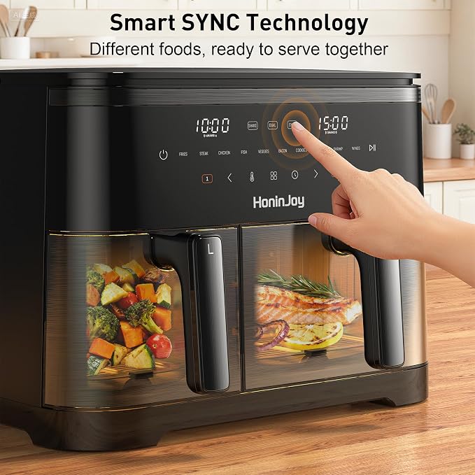12QT Large Air Fryer with Dual Basket (4QT+8QT), 13-in-1 Digital Touchscreen Double Zone Air Fryers with 50pcs Paper Liners, Sync & Dual, for Bake, Roast, Shake Reminder, Dishwasher Safe