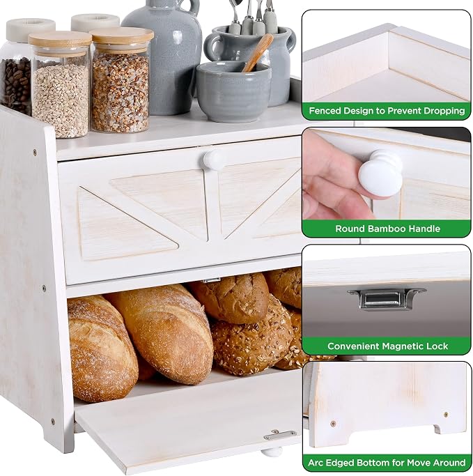 Bamboo Corner Bread Box for Kitchen Countertop 2-Tier White | Farmhouse Bread Storage Container, Large Pantry Organizers for Homemade Snacks, Loaves, Breathable Keeps Bread Fresh