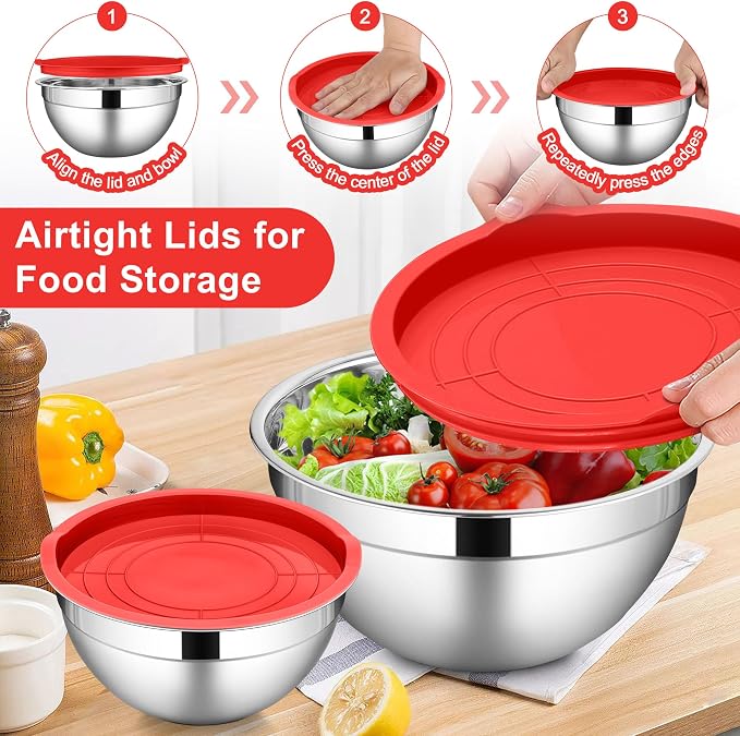 LIANYU Mixing Bowls with Lids Sets of 6, Large 7, 3.5, 2.5, 2, 1.5, 1QT | Stainless Steel Metal Nesting Salad Bowl, Ideal for Kitchen Prepping, Cooking, Freezer Storage, Dishwasher Safe, Red