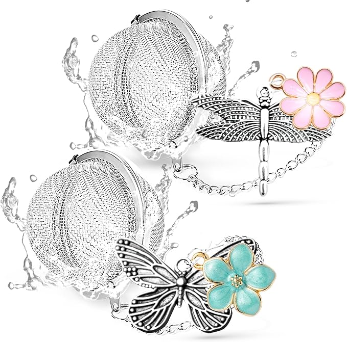 TeaSanavie 2-Pack Tea Infuser for Loose Leaf Tea, 304 Stainless Steel Tea Strainer with Butterfly, Dragonfly & Pink Blue Flower Charms, Extra Fine Mesh Tea Ball Filter, Gift for Tea Lovers