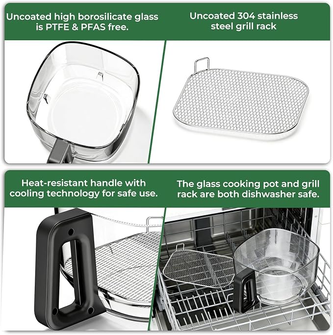 5 QT Glass Air Fryer, Non Toxic Airfryer with Digital Touch Control | 8 Preset Modes, PTFE/PFAS Free, BPA-Free, Uncoated High Borosilicate Glass Basket, Dishwasher Safe, Black