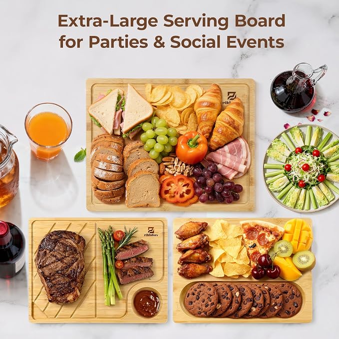 Bamboo Cutting Boards Set of 4 for Kitchen with Wood Storage Stand | Premium Chopping & Charcuterie Board with Juice Groove, Non Slip Feet and Easy-Grip Handles, Steak Serving Tray, Gift Box