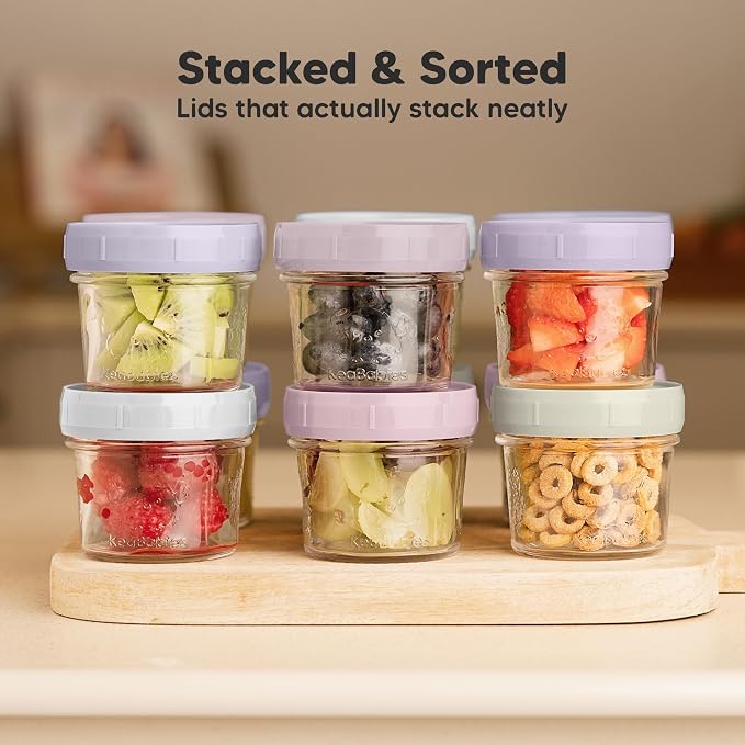 KeaBabies 12pk 4oz Glass Baby Food Containers with Lids, Leak-Proof (Lilac) | Microwavable Small Glass Jars, Baby Purees, Toddler Snack Storage Containers, BPA-Free, Dishwasher-safe, Freezer Safe