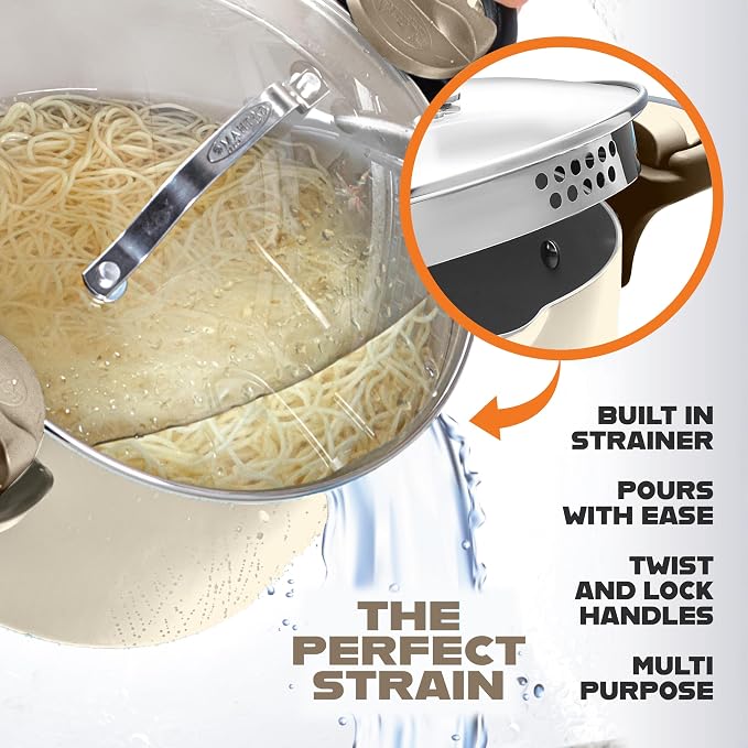 GOTHAM STEEL 5 Qt Stock Pot Multipurpose Pasta Pot with Strainer Lid | Twist and Lock Handles, Non Toxic Ceramic Non Stick Coating, for Cooking Soup, Spaghetti, Rice, Dishwasher Safe - Cream