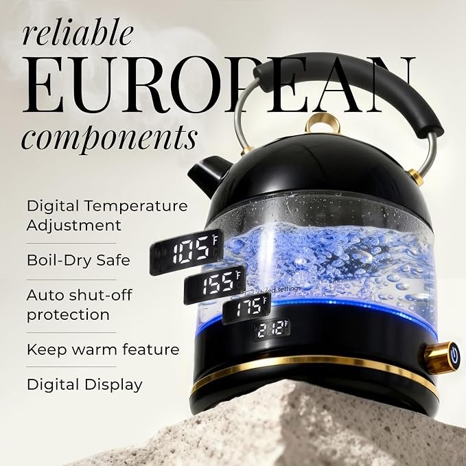 Styled Settings Glass Electric Kettle No Plastic, Black and Gold | 1500W Fast Hot Water Boiler with Temperature Control for Coffee and Tea - Stylish Stainless Steel Kettle, Automatic Shut-Off
