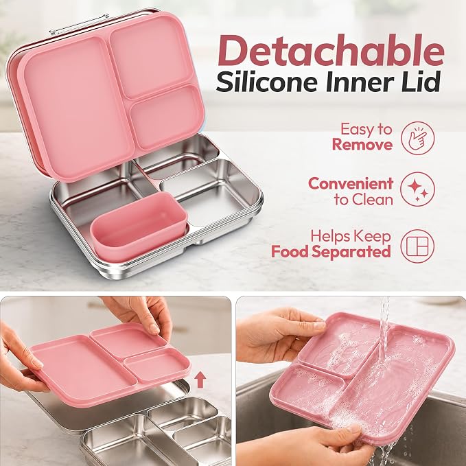 Stainless Steel Bento Lunch Box for Kids and Adults,3 Compartment Meal Lunch Box with Detachable Silicone Lid,Leak-Resistant Food Container with Snack Cup for School,BPA-Free(Pink)