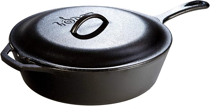 Lodge Cast Iron Covered Deep Skillet - Pre-Seasoned Deep Cast Iron Skillet with Lid - Heavy-Duty Family Size Frying Pan for Braising, Sautéing, Grilling & Everyday Cooking - 5 Quart