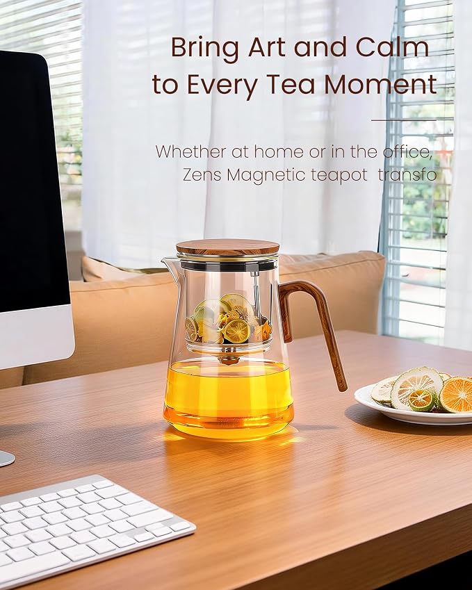 ZENS Magnetic Glass Infuser Teapot for Loose Tea, 34oz Magic Tea Maker | Enchanti Magnetic Teapot, Magic Tea Pot with Infusers for Loose Tea Steeper, Tea Lovers Gift, Walnut Pattern