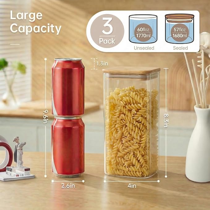 57 oz Square Glass Food Storage Containers with Airtight Bamboo Lids, 3Pack | Tall Pantry Jars for Flour, Sugar & Pasta, Durable Borosilicate Glass Canister Keep Food Dry & Fresh, Easy to Fill & Clean