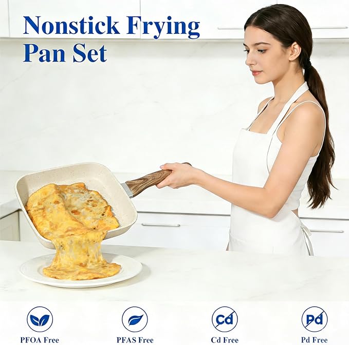 Simple Deluxe 3 Pieces Nonstick Grill Pan Set, Square Versatile Griddle Pans with Wooden Handle, Durable Skillet Indoor & Outdoor Use, All Stovetops Compatible(9.5", 10.2", 11"), PFOA Free, Beige