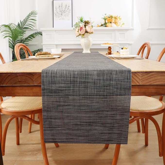 SHACOS Woven Vinyl Table Runners 12 x 54 inch Wipeable PVC Weave Table Runner Heat Resistant Runner for Dining Table Indoor Outdoor, Dark Gray