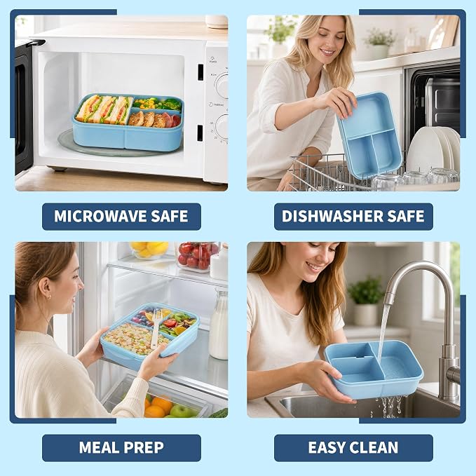 Itopor Bento Box for Kids & Adults, Lunch Box 46 oz / 1400ml, Pale Blue | Wheat straw material, BPA-free, leakproof, 3 compartments, microwave & dishwasher safe, for school, office & travel