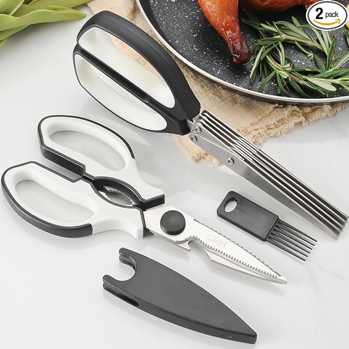 5 Blade Herb Scissors Set with Kitchen Shears - Lifetime Replace. Warranty* | Gidli Heavy Duty Sharp Kitchen Shears - Stainless Steel Vegetable Scissors for Herbs and Salad Prep - Dishwasher Safe, 2 Pack