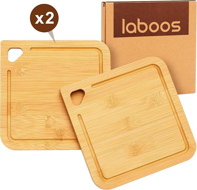 2-Pack Small Bamboo Cutting Boards with Juice Groove | 7x7 Inch Mini Chopping Boards for Fruit, Cheese, Baby Food, Dorm & Travel | Lightweight & Compact Square Wood Board Set