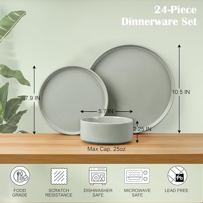 E-far Dinnerware Sets for 8, 24-Piece Stoneware Plates and Bowls Set, Green | Modern Kitchen Dining Dishware, Chip and Scratch Resistant, Microwave & Dishwasher Safe, Speckled Green