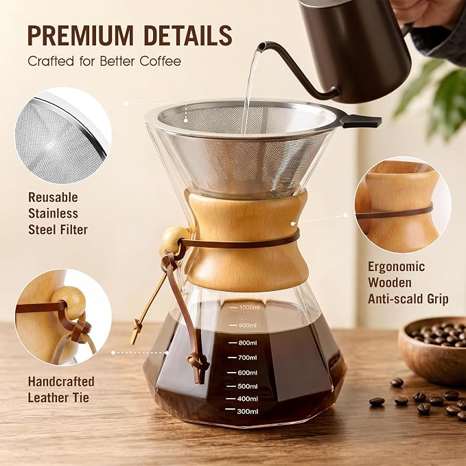 Pour Over Coffee Maker 34oz (1000ml), Borosilicate Glass Carafe with Wooden Handle & Diamond-Shaped Body, Double Layer Stainless Steel Filter, Drip Coffee Brewer for Home Camping Hiking
