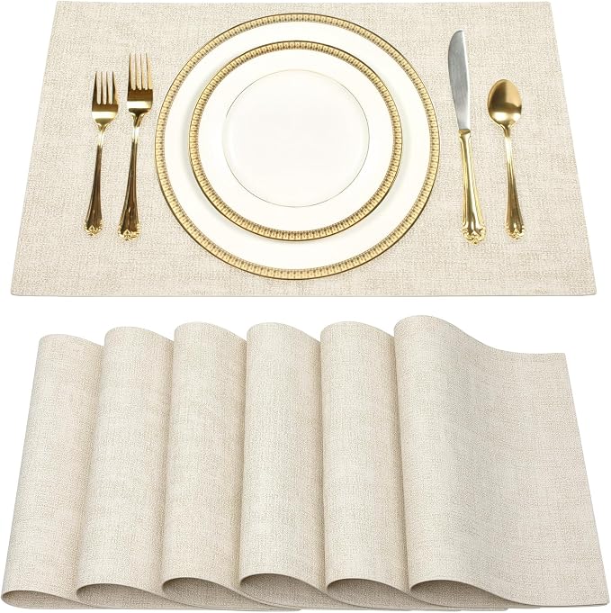 Leather Placemats Table Mats Set of 6, Beige | Reversible Non-Slip Table Placemats, Heat-Resistant and Waterproof for Dining Kitchen and Holiday Parties