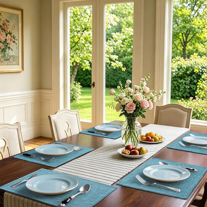 Homaxy Cloths Placemats for Dining Table Set of 8, 13" x 19", Teal | Heat Resistant, Washable, Cotton Linen Blend Table Mats, Easy to Clean Place Mats, Indoor Outdoor