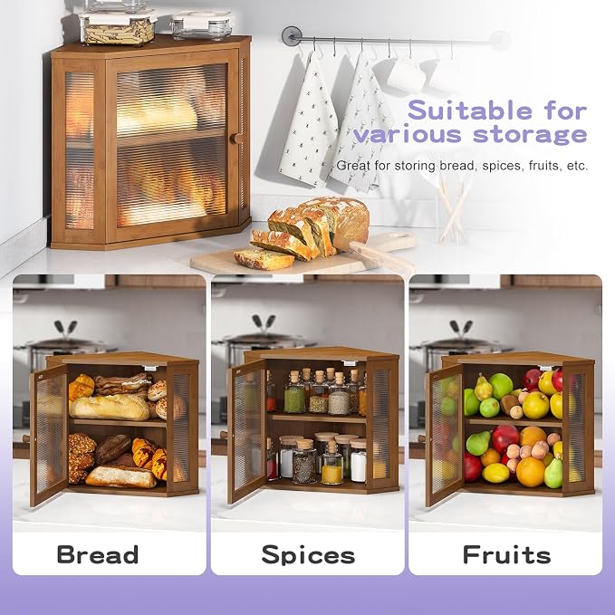 Corner Bread box for Kitchen Countertop,Farmhouse Bread Box with Acrylic Wavy Door Panel,Large Bread box for kitchen countertop,Kitchen Countertop Food Storage Container (Brown, Meduim)