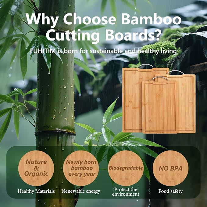 Bamboo Cutting Board, Wooden Cutting Boards for Kitchen with Double Sided Deep Juice Grooves & Wide Handle, Ideal Charcuterie & Chopping Board for Meat, Vegetables and Fruits