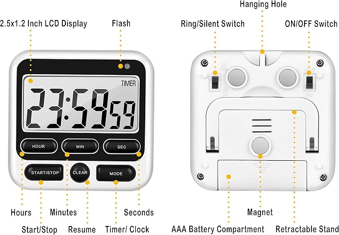 4-in-1 Digital Timer with Count Up/Down, Clock & Alarm, Ring & Silent Modes | Large 2.8-Inch easy-read LCD, On/Off switch, 24-Hour count up/down, Fast-forward function, Magnetic back, stand, hanging hole