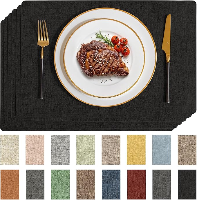 Romanstile Vinyl Placemats Set of 6-12 X 17 Inch - Faux Leather 100% Waterproof Wipeable Anti Slip Place Mats, Heat Resistant Reversible PU Table Mats for Kitchen Dining Party Outdoor, Black
