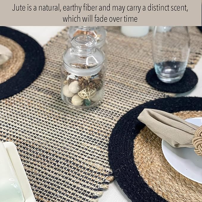 Natural Jute Table Runner 13x72 Inch – Vintage Boho Rustic Table Decor – Handwoven Table Runner in Natural Jute and Black – Farmhouse Dining or Console Table Accent