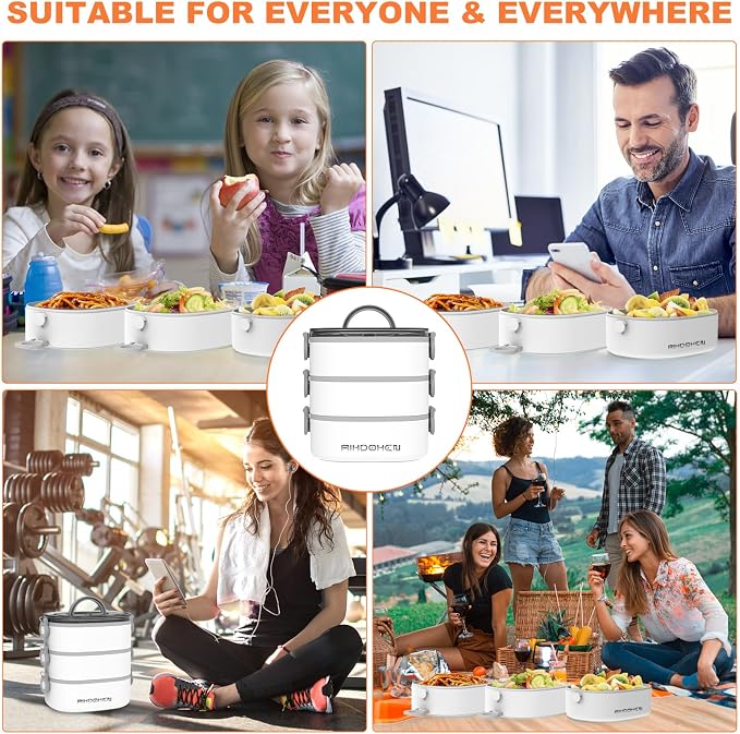 RIKDOKEN Lunch Box, Stackable 3 Layers Containers, Portable 94OZ Large Capacity Leakproof Bento Box with Spoon & Fork & Sauce Boxes, Microwave Safe Lunch Box for Kids and Adults